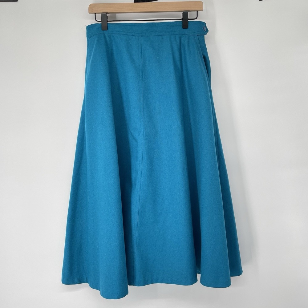 Vtg 90s Teal Wool A-Line Flare Midi Skirt Grandmacore Quiet Luxury Sz 14‎